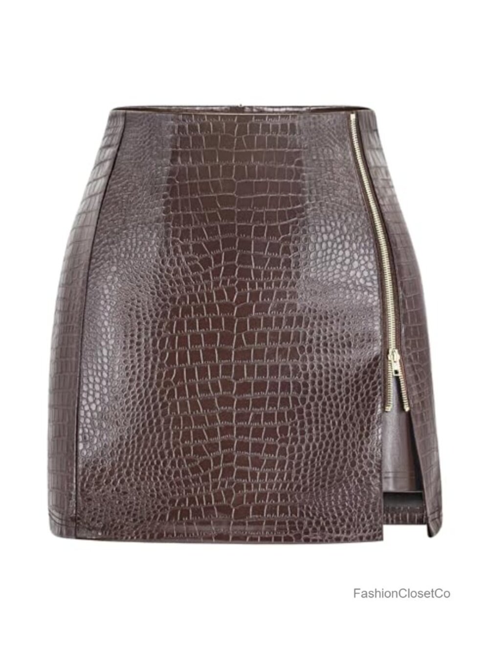 Faux Leather Croc Embossed Mini Pencil Skirt High Waisted Bodycon Slit